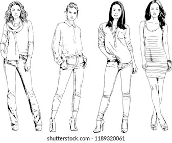 vector drawings on the theme of beautiful slim sporty girl in casual clothes in various poses painted ink hand sketch with no background