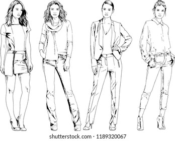 vector drawings on the theme of beautiful slim sporty girl in casual clothes in various poses painted ink hand sketch with no background