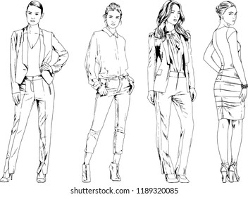 vector drawings on the theme of beautiful slim sporty girl in casual clothes in various poses painted ink hand sketch with no background