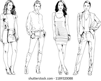 vector drawings on the theme of beautiful slim sporty girl in casual clothes in various poses painted ink hand sketch with no background