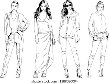 vector drawings on the theme of beautiful slim sporty girl in casual clothes in various poses painted ink hand sketch with no background