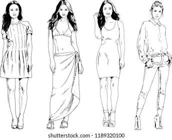 vector drawings on the theme of beautiful slim sporty girl in casual clothes in various poses painted ink hand sketch with no background
