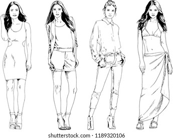 vector drawings on the theme of beautiful slim sporty girl in casual clothes in various poses painted ink hand sketch with no background