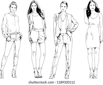 vector drawings on the theme of beautiful slim sporty girl in casual clothes in various poses painted ink hand sketch with no background