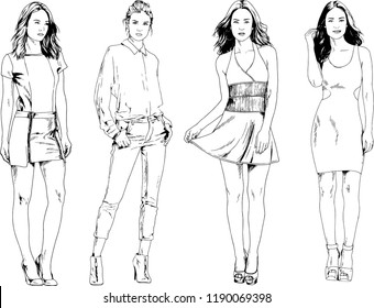 vector drawings on the theme of beautiful slim sporty girl in casual clothes in various poses painted ink hand sketch with no background