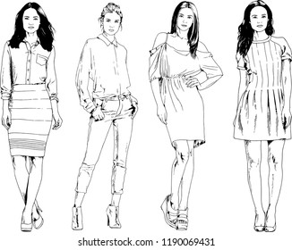 vector drawings on the theme of beautiful slim sporty girl in casual clothes in various poses painted ink hand sketch with no background