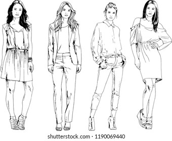 vector drawings on the theme of beautiful slim sporty girl in casual clothes in various poses painted ink hand sketch with no background