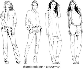 vector drawings on the theme of beautiful slim sporty girl in casual clothes in various poses painted ink hand sketch with no background
