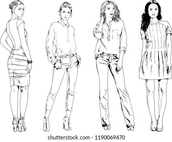 vector drawings on the theme of beautiful slim sporty girl in casual clothes in various poses painted ink hand sketch with no background