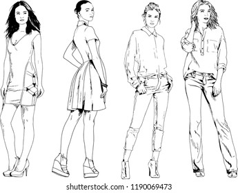 vector drawings on the theme of beautiful slim sporty girl in casual clothes in various poses painted ink hand sketch with no background