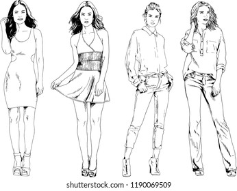 vector drawings on the theme of beautiful slim sporty girl in casual clothes in various poses painted ink hand sketch with no background