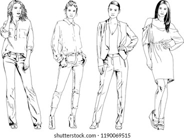 vector drawings on the theme of beautiful slim sporty girl in casual clothes in various poses painted ink hand sketch with no background