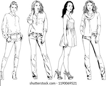 vector drawings on the theme of beautiful slim sporty girl in casual clothes in various poses painted ink hand sketch with no background