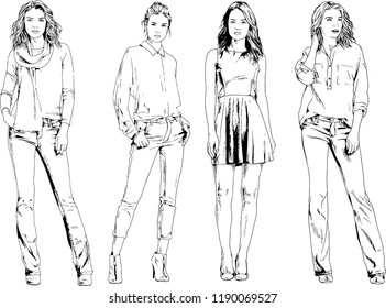 vector drawings on the theme of beautiful slim sporty girl in casual clothes in various poses painted ink hand sketch with no background