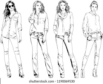 vector drawings on the theme of beautiful slim sporty girl in casual clothes in various poses painted ink hand sketch with no background