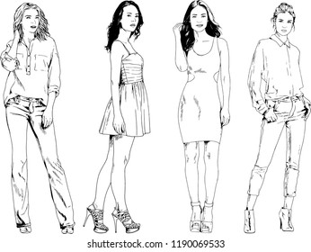vector drawings on the theme of beautiful slim sporty girl in casual clothes in various poses painted ink hand sketch with no background