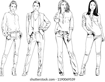 vector drawings on the theme of beautiful slim sporty girl in casual clothes in various poses painted ink hand sketch with no background