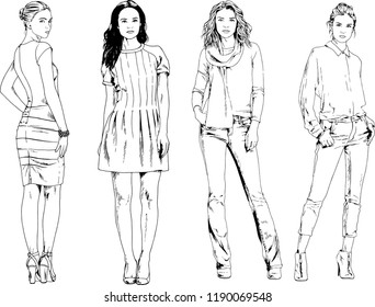vector drawings on the theme of beautiful slim sporty girl in casual clothes in various poses painted ink hand sketch with no background