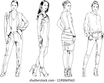 vector drawings on the theme of beautiful slim sporty girl in casual clothes in various poses painted ink hand sketch with no background