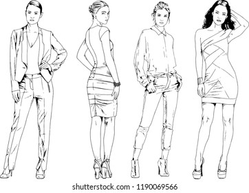 vector drawings on the theme of beautiful slim sporty girl in casual clothes in various poses painted ink hand sketch with no background