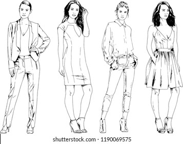 vector drawings on the theme of beautiful slim sporty girl in casual clothes in various poses painted ink hand sketch with no background