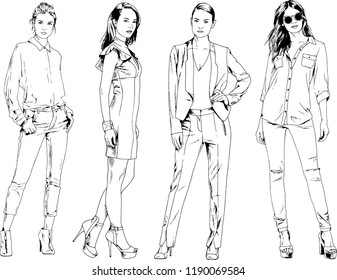 vector drawings on the theme of beautiful slim sporty girl in casual clothes in various poses painted ink hand sketch with no background