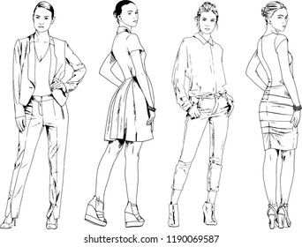 vector drawings on the theme of beautiful slim sporty girl in casual clothes in various poses painted ink hand sketch with no background