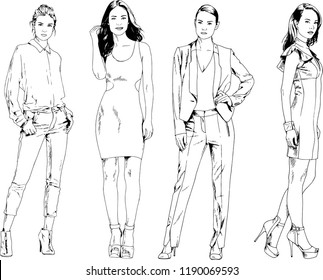 vector drawings on the theme of beautiful slim sporty girl in casual clothes in various poses painted ink hand sketch with no background