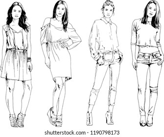 vector drawings on the theme of beautiful slim sporty girl in casual clothes in various poses painted ink hand sketch with no background
