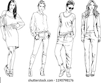 vector drawings on the theme of beautiful slim sporty girl in casual clothes in various poses painted ink hand sketch with no background
