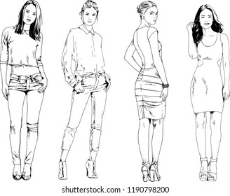 vector drawings on the theme of beautiful slim sporty girl in casual clothes in various poses painted ink hand sketch with no background
