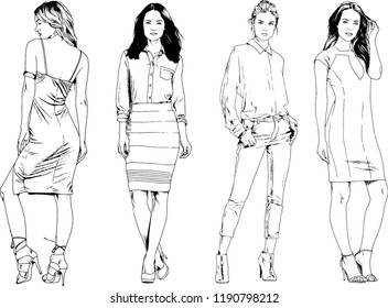 vector drawings on the theme of beautiful slim sporty girl in casual clothes in various poses painted ink hand sketch with no background
