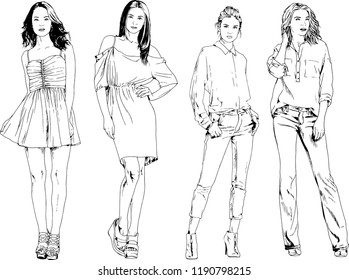 vector drawings on the theme of beautiful slim sporty girl in casual clothes in various poses painted ink hand sketch with no background
