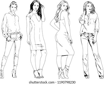 vector drawings on the theme of beautiful slim sporty girl in casual clothes in various poses painted ink hand sketch with no background
