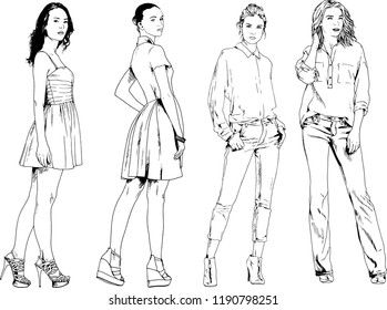 vector drawings on the theme of beautiful slim sporty girl in casual clothes in various poses painted ink hand sketch with no background
