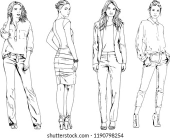 vector drawings on the theme of beautiful slim sporty girl in casual clothes in various poses painted ink hand sketch with no background
