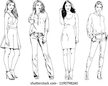 vector drawings on the theme of beautiful slim sporty girl in casual clothes in various poses painted ink hand sketch with no background
