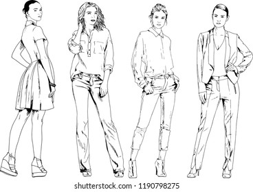 vector drawings on the theme of beautiful slim sporty girl in casual clothes in various poses painted ink hand sketch with no background
