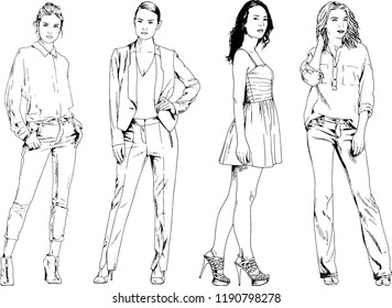 vector drawings on the theme of beautiful slim sporty girl in casual clothes in various poses painted ink hand sketch with no background

