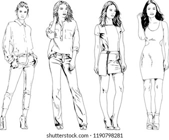 vector drawings on the theme of beautiful slim sporty girl in casual clothes in various poses painted ink hand sketch with no background
