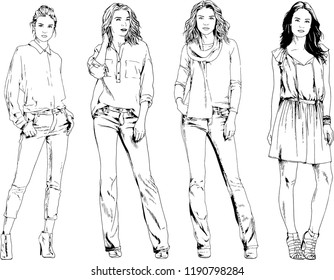 vector drawings on the theme of beautiful slim sporty girl in casual clothes in various poses painted ink hand sketch with no background

