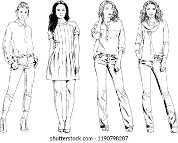 vector drawings on the theme of beautiful slim sporty girl in casual clothes in various poses painted ink hand sketch with no background
