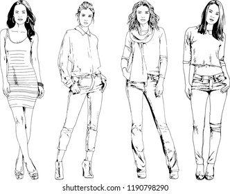 vector drawings on the theme of beautiful slim sporty girl in casual clothes in various poses painted ink hand sketch with no background
