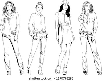 vector drawings on the theme of beautiful slim sporty girl in casual clothes in various poses painted ink hand sketch with no background
