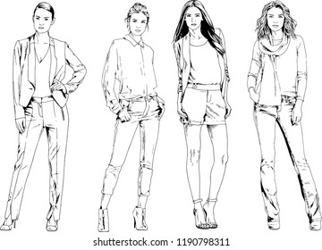 vector drawings on the theme of beautiful slim sporty girl in casual clothes in various poses painted ink hand sketch with no background
