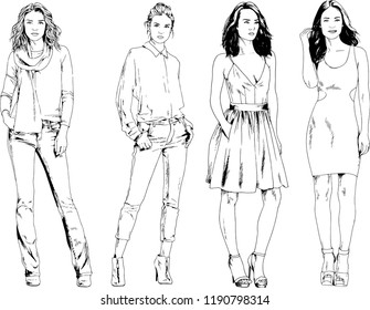 vector drawings on the theme of beautiful slim sporty girl in casual clothes in various poses painted ink hand sketch with no background
