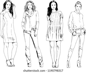 vector drawings on the theme of beautiful slim sporty girl in casual clothes in various poses painted ink hand sketch with no background
