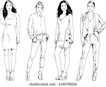 vector drawings on the theme of beautiful slim sporty girl in casual clothes in various poses painted ink hand sketch with no background
