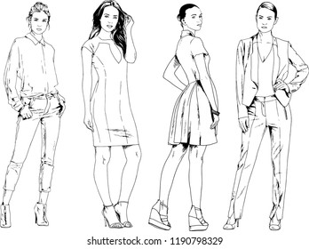 vector drawings on the theme of beautiful slim sporty girl in casual clothes in various poses painted ink hand sketch with no background
