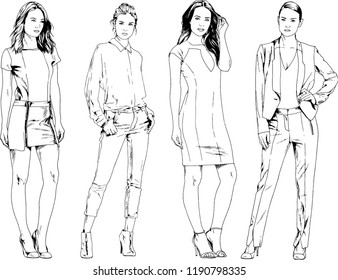 vector drawings on the theme of beautiful slim sporty girl in casual clothes in various poses painted ink hand sketch with no background
